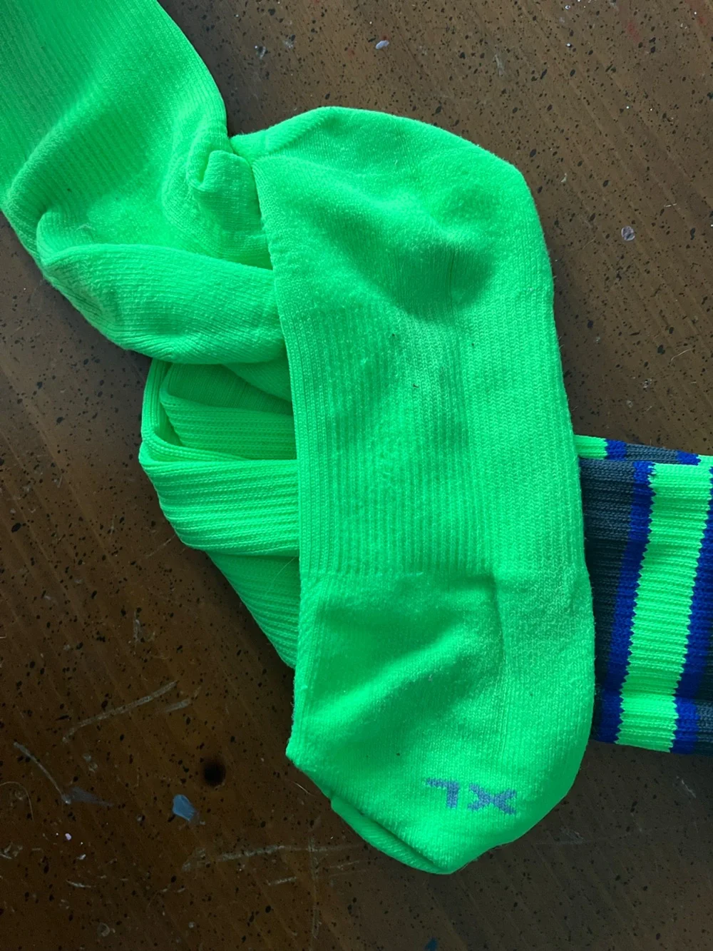 TCK Over-Knee Baseball Socks Neon Green with Royal Blue and Gray Stripes - XL